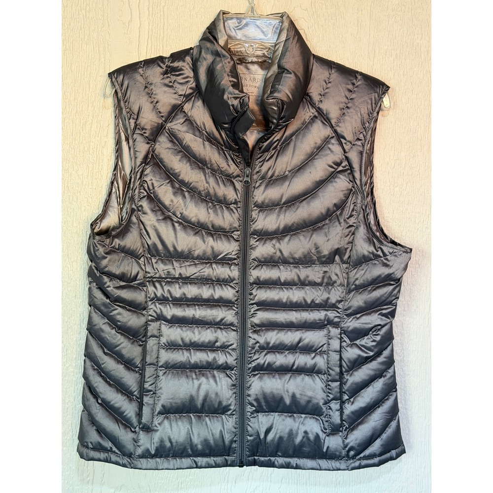 Bernardo Goose Down Puffer Vest Gunmetal Gray Metallic Quilted Full Zip Womens L